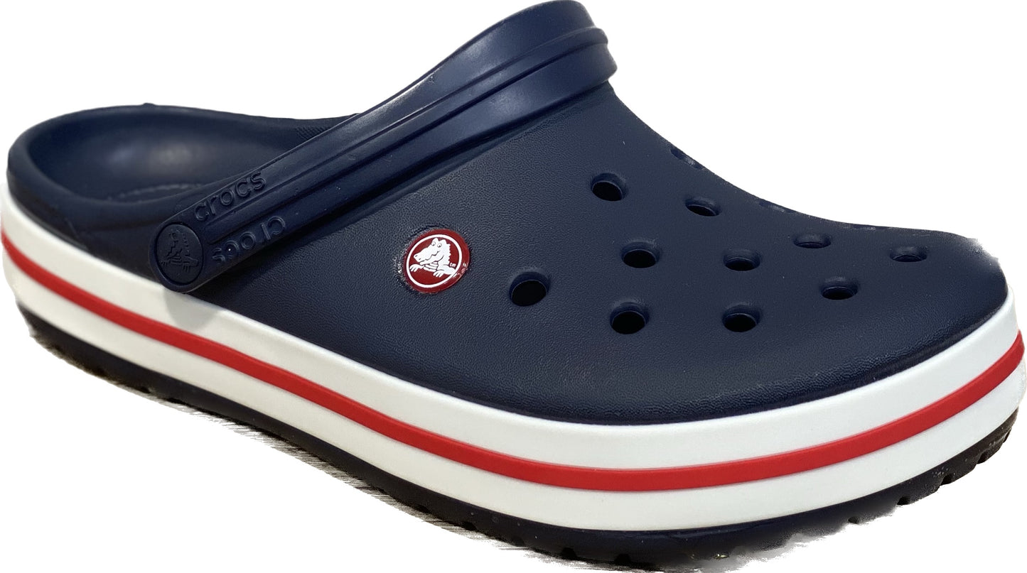 Crocs bleu avec un trait rouge